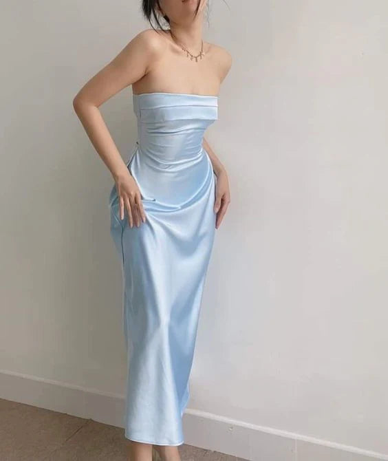 TingPo Wholesale Modest A Line Strapless Long Light Sky Blue Satin Prom Dress