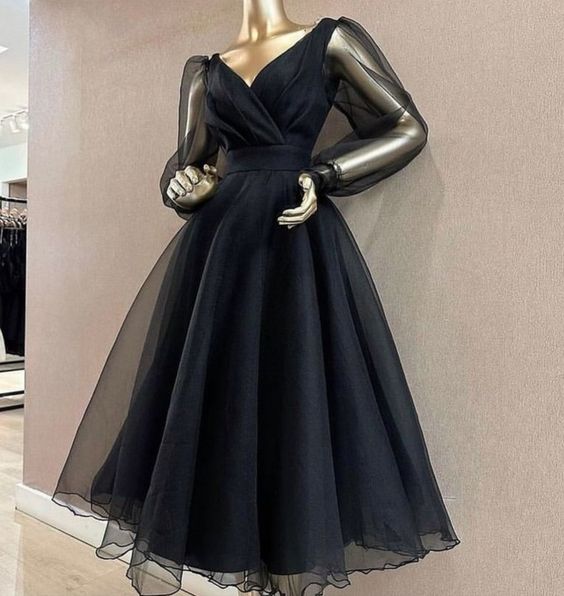 Wholesale Modest A Line V Neckline Long Sleeves Black Tulle Prom Dresses Evening Dress formal wear dresses