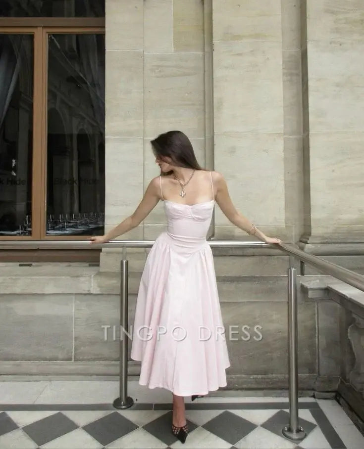 TingPo Wholesale Modest A line Spaghetti Straps Pink Satin Prom Dresses Birthday Outfits