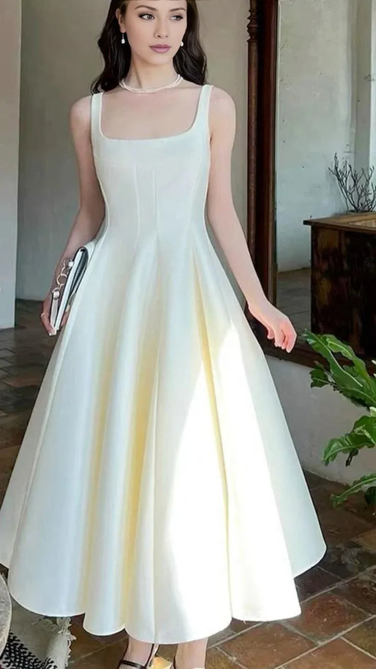TingPo Wholesale Modest A line Square Neckline Tea Length Satin Ivory Prom Dresses Birthday Outfits
