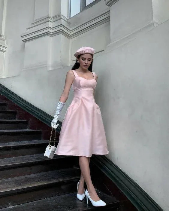 TingPo Wholesale Modest A line Straps Pink Knee Length Satin Prom Dresses Birthday Outfits