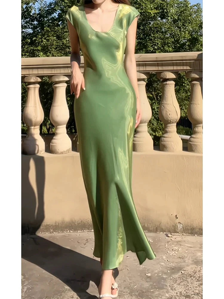 TingPo Wholesale Modest A line U Neckline Short Sleeves Green Prom Dress Evening Dresses
