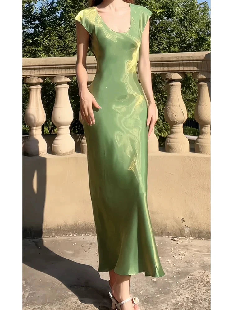 TingPo Wholesale Modest A line U Neckline Short Sleeves Green Prom Dress Evening Dresses