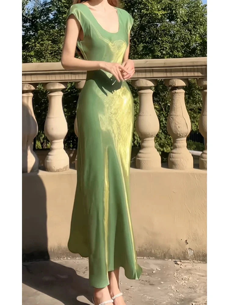 TingPo Wholesale Modest A line U Neckline Short Sleeves Green Prom Dress Evening Dresses
