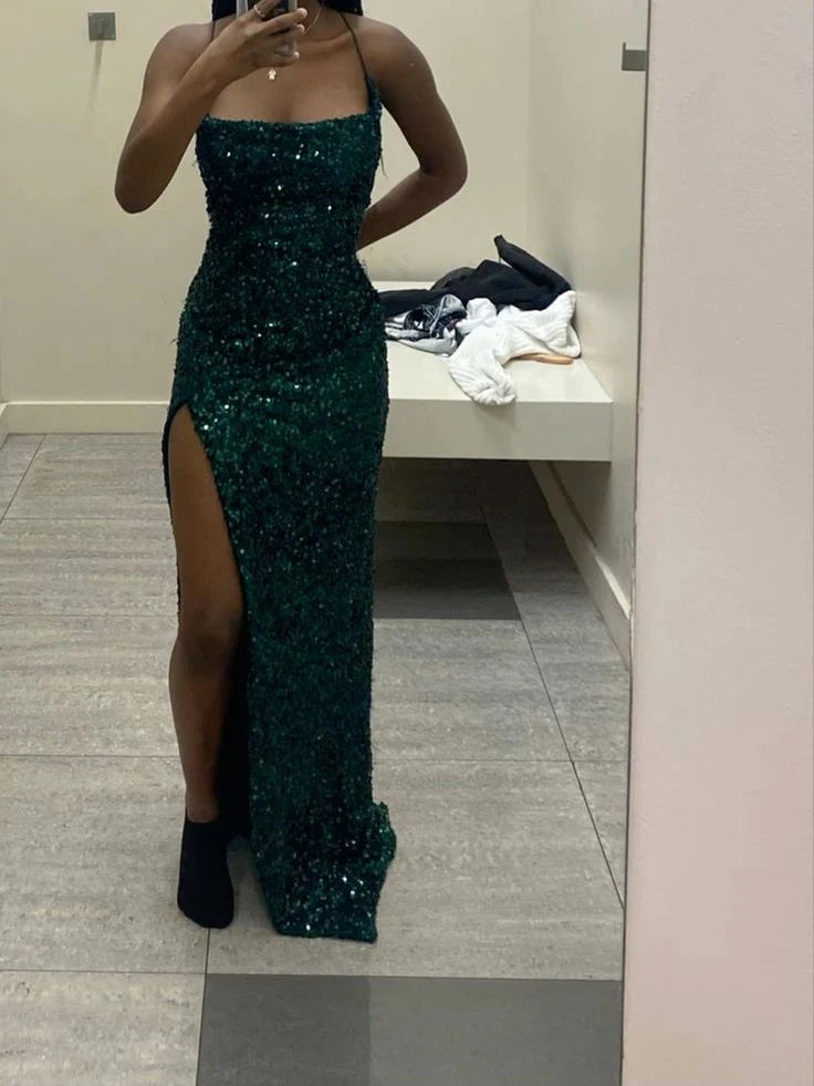TingPo Wholesale Modest Mermaid Long Dark Green Sequin Slit Prom Dresses