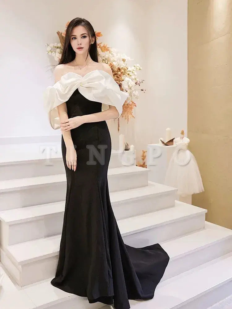 Wholesale Modest Mermaid Off The Shoulder Satin Black Prom Dress Long Evening Dresses formal wear dresses