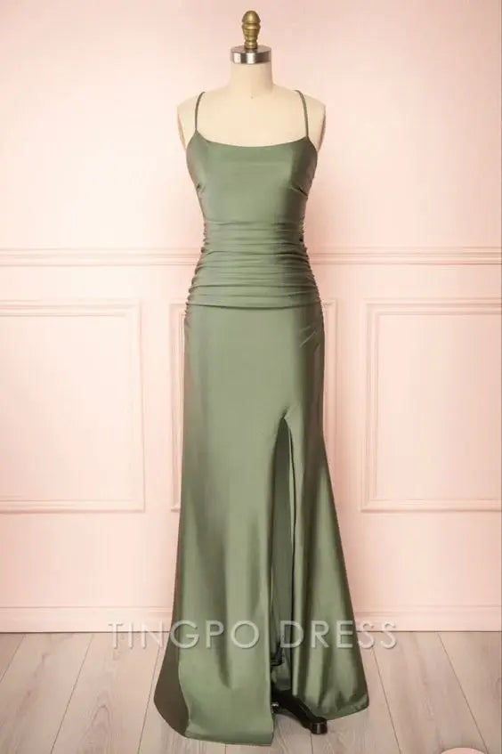 TingPo Wholesale Modest Mermaid Straps Sage Green Slit Long Prom Dress