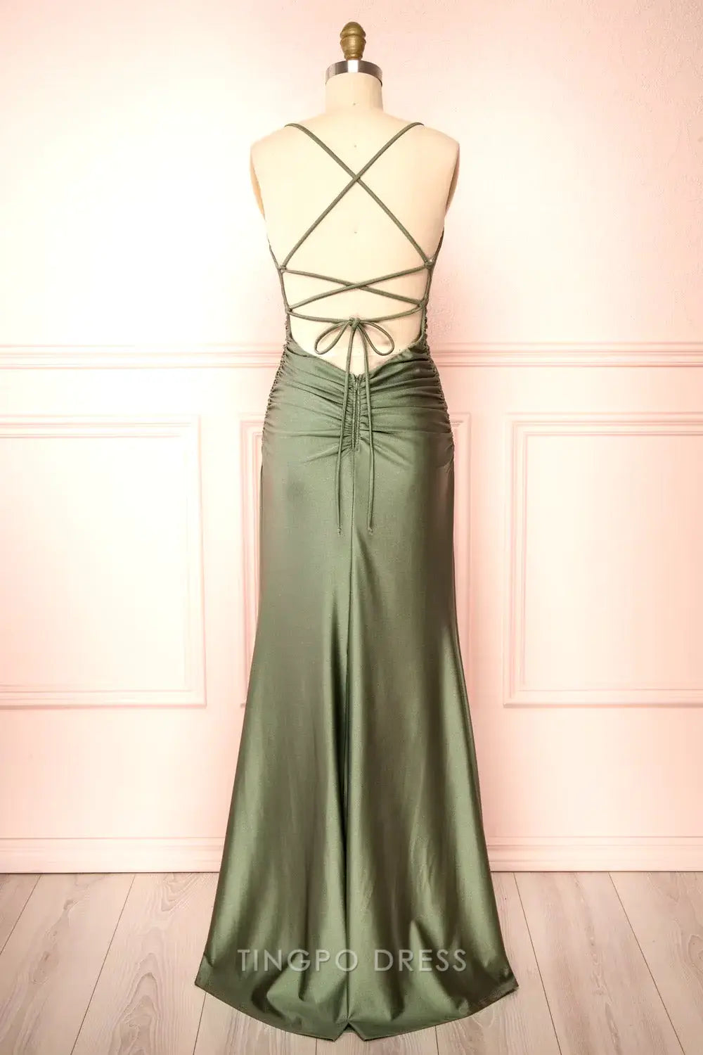 TingPo Wholesale Modest Mermaid Straps Sage Green Slit Long Prom Dress