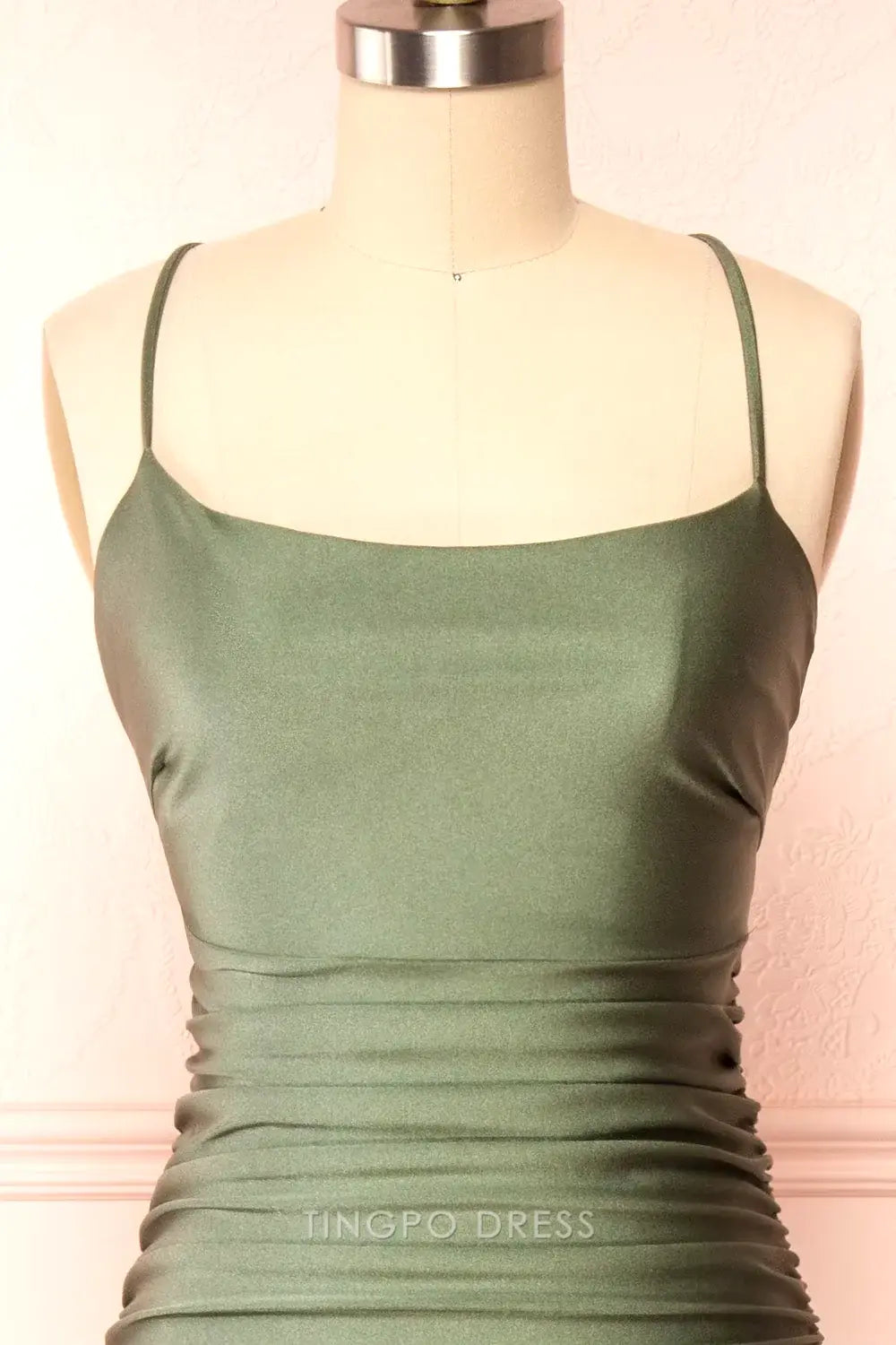 TingPo Wholesale Modest Mermaid Straps Sage Green Slit Long Prom Dress