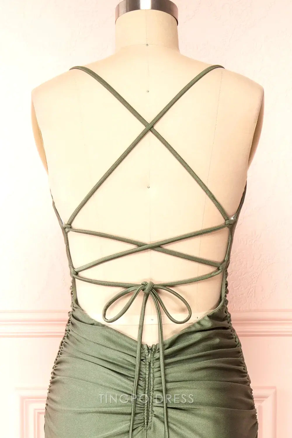 TingPo Wholesale Modest Mermaid Straps Sage Green Slit Long Prom Dress