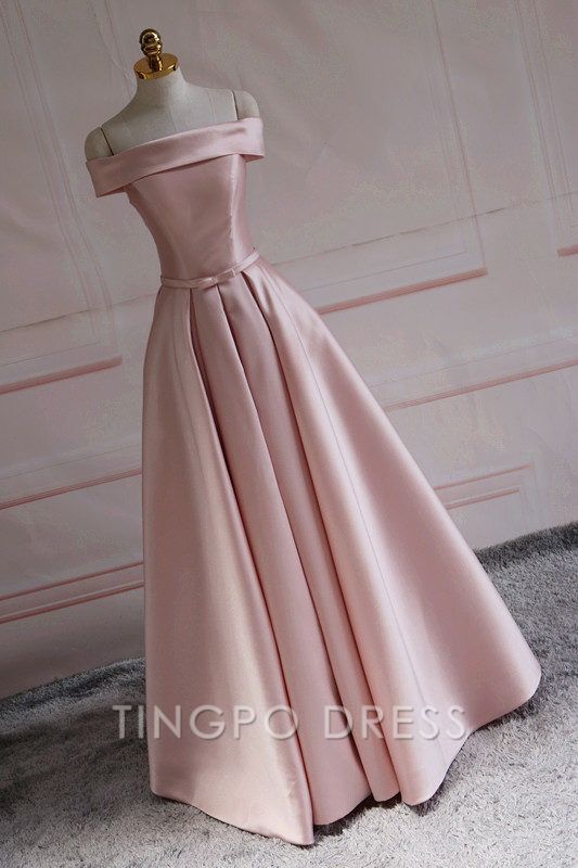 TingPo Wholesale Modest Pink Satin Off The Shoulder Long Bridesmaid Dress Prom Dresses