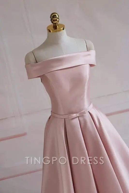 TingPo Wholesale Modest Pink Satin Off The Shoulder Long Bridesmaid Dress Prom Dresses