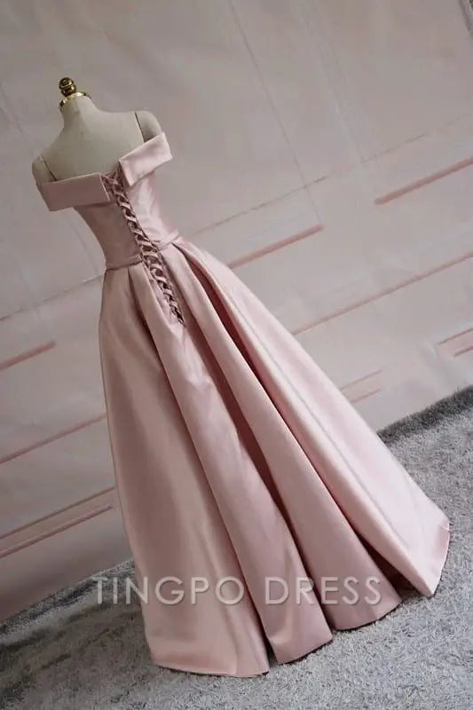 TingPo Wholesale Modest Pink Satin Off The Shoulder Long Bridesmaid Dress Prom Dresses