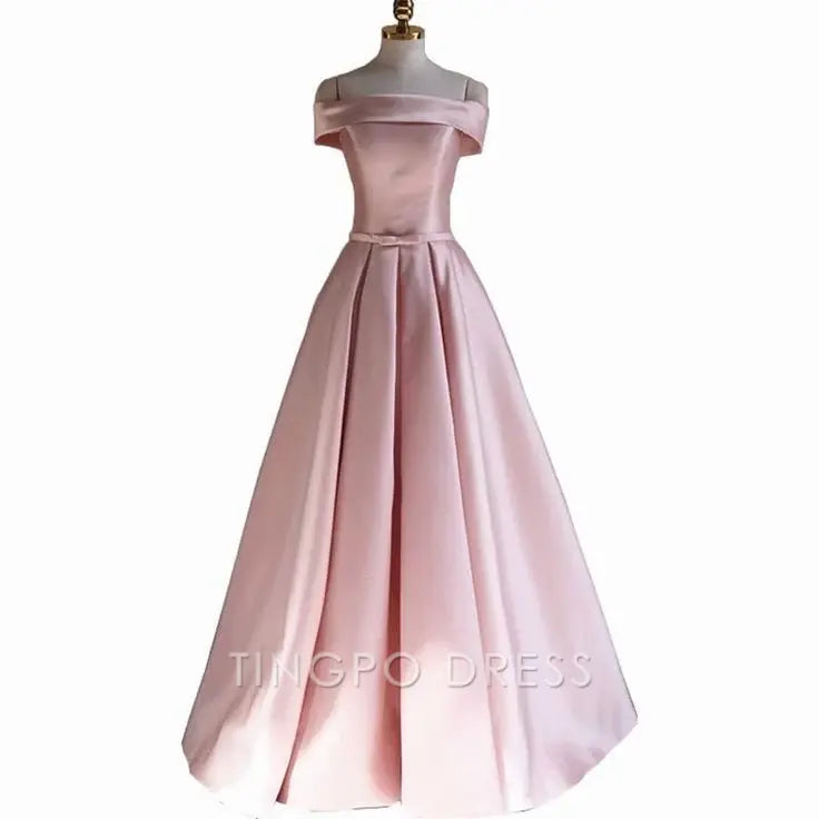 TingPo Wholesale Modest Pink Satin Off The Shoulder Long Bridesmaid Dress Prom Dresses