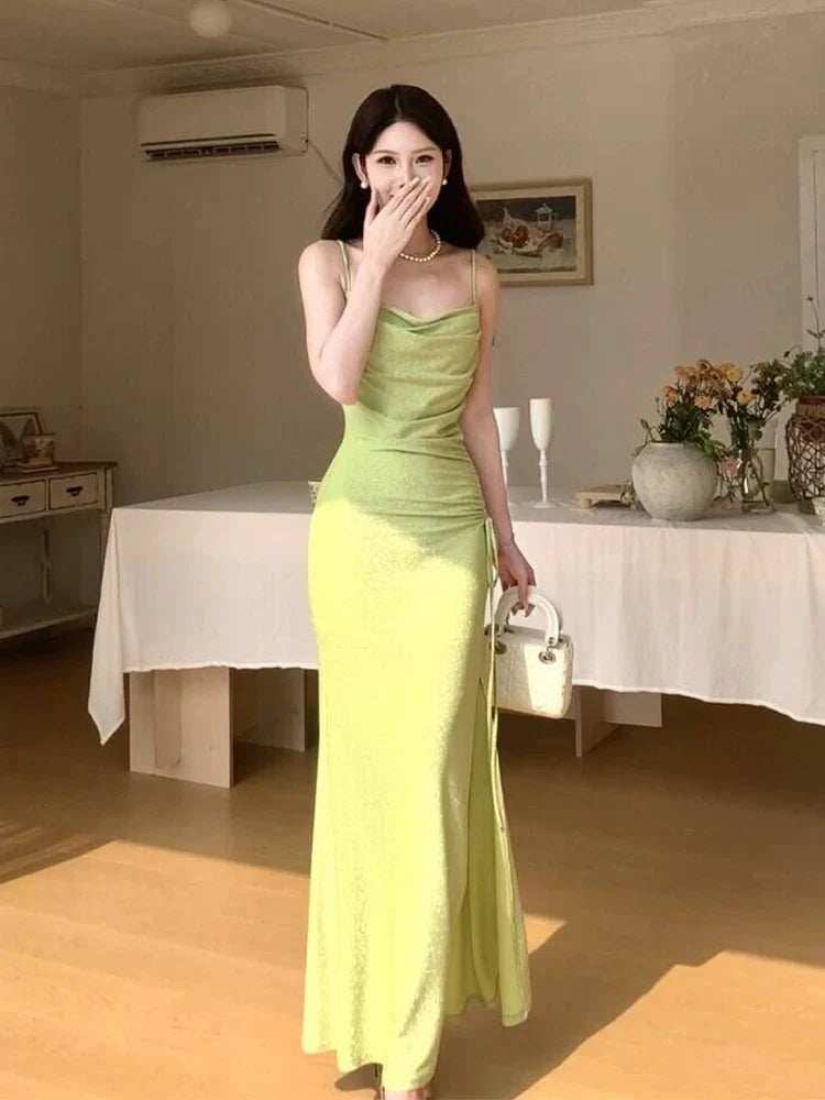 TingPo Wholesale Modest Sheath Spaghetti Straps Green Long Prom Dresses Evening Dress With Ruffles