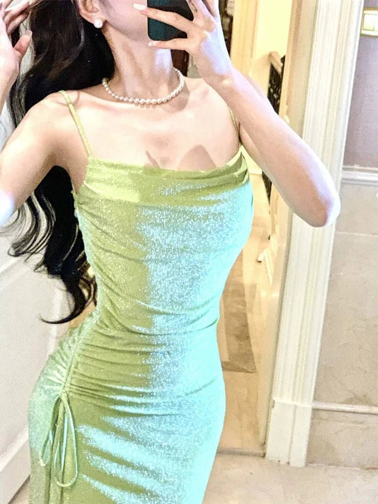 TingPo Wholesale Modest Sheath Spaghetti Straps Green Long Prom Dresses Evening Dress With Ruffles