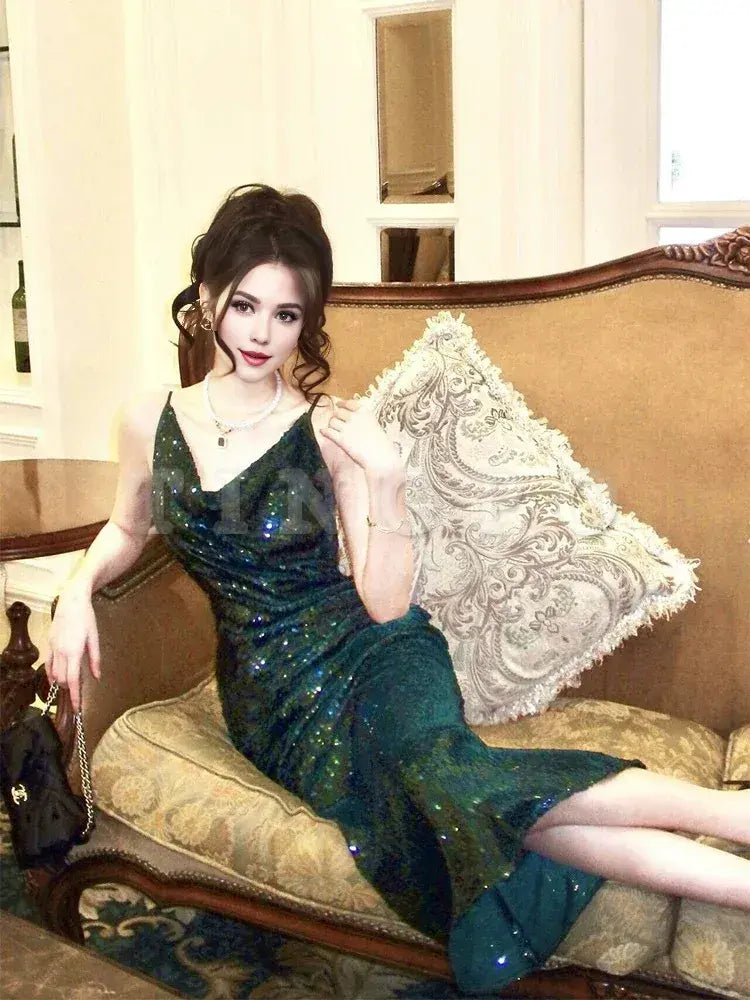 Wholesale Modest Sheath Spaghetti Straps Sequin Green Prom Dress Evening Dresses formal wear dresses