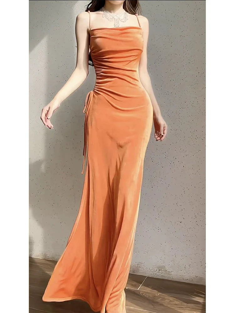 Wholesale Modest Sheath Spaghetti Straps Velvet Long Organge Prom Dress Evening Dresses formal wear dresses
