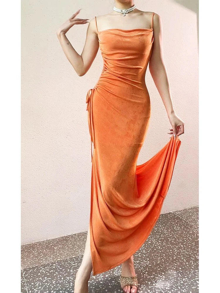 Wholesale Modest Sheath Spaghetti Straps Velvet Long Organge Prom Dress Evening Dresses formal wear dresses