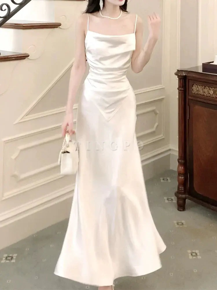TingPo Wholesale Modest Sheath Spaghetti Straps White Long Prom Dresses Sexy Evening Dress formal wear dresses
