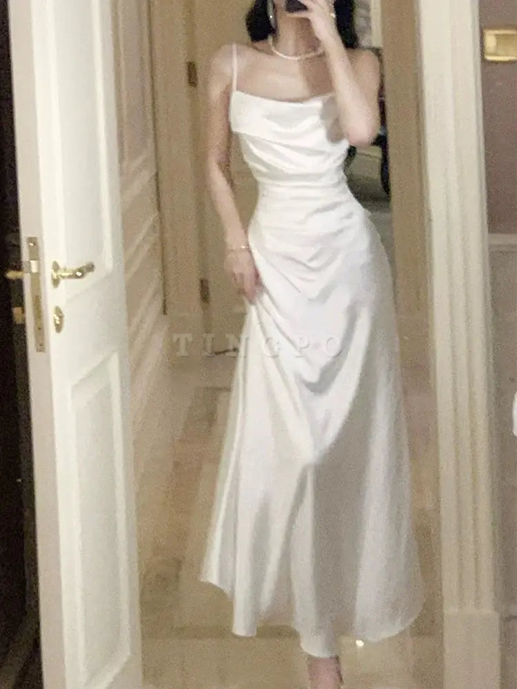 TingPo Wholesale Modest Sheath Spaghetti Straps White Long Prom Dresses Sexy Evening Dress formal wear dresses