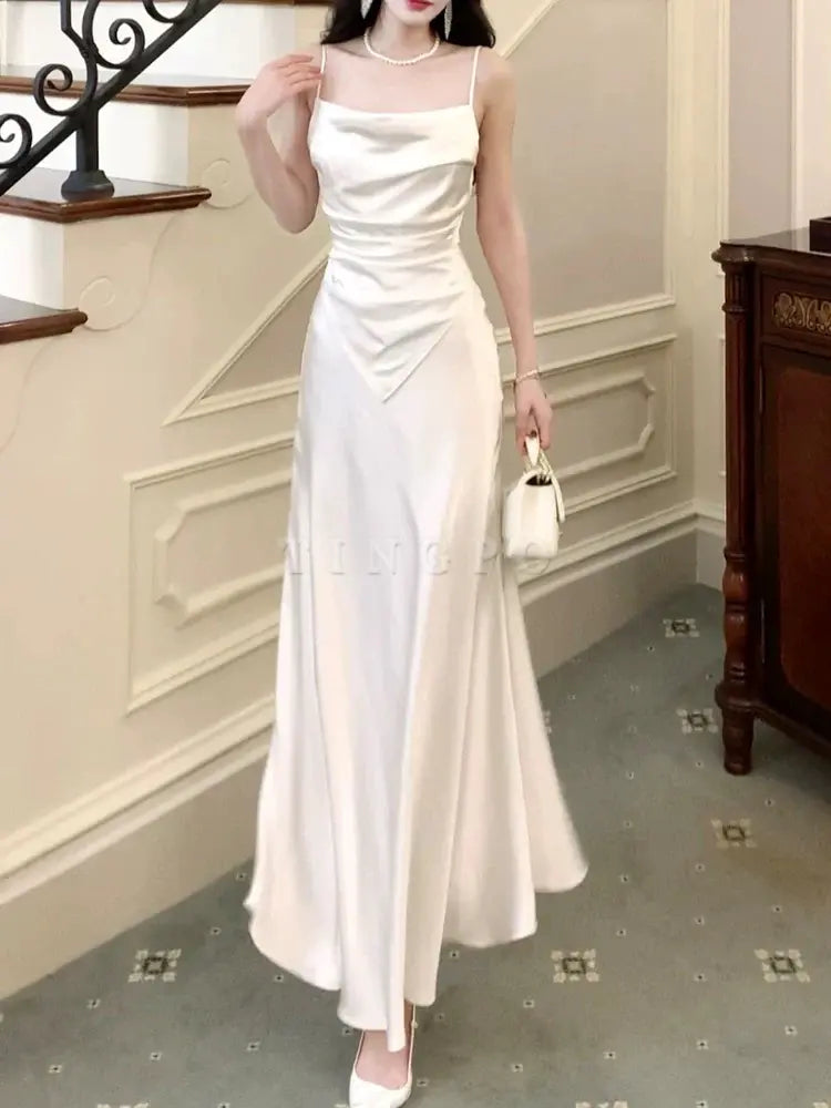 TingPo Wholesale Modest Sheath Spaghetti Straps White Long Prom Dresses Sexy Evening Dress formal wear dresses