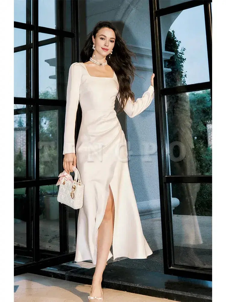 Wholesale Modest Sheath Square Neckline White Long Prom Dresses Slit Evening Dress formal wear dresses