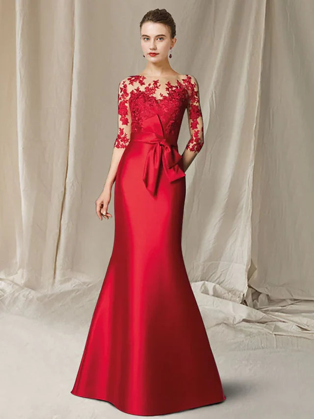 Wholesale Mother of the Bride Dress Elegant Jewel Neck Floor Length Lace Satin Half Sleeve with Bow(s) Appliques