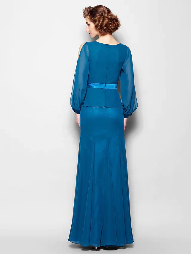 Wholesale Mother of the Bride Dress Vintage Inspired Jewel Neck Floor Length Chiffon Long Sleeve with Sash Ribbon Flower