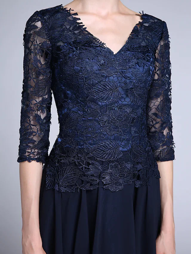 Wholesale Mother of the Bride Dress Elegant V Neck Knee Length Chiffon Sheer Lace Half Sleeve with Lace