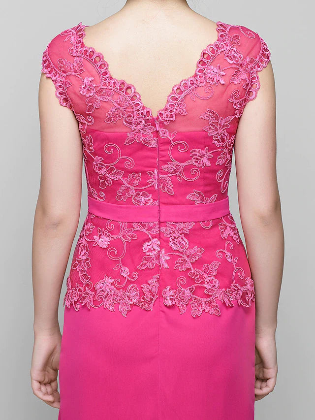 Wholesale Mother of the Bride Dress Furcal V Neck Floor Length Chiffon Lace Sleeveless with Lace Ruched