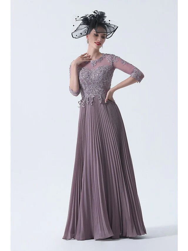 Wholesale A-Line Mother of the Bride Dress Plus Size Elegant See Through Bateau Neck Chiffon Lace Half Sleeve with Sash Ribbon Appliques