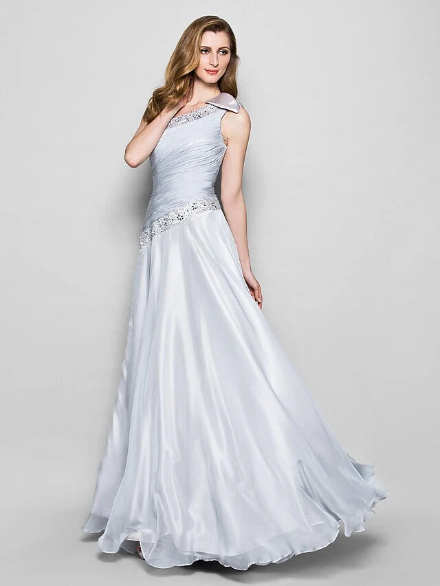 Wholesale A-Line Mother of the Bride Dress Elegant One Shoulder Floor Length Chiffon Sleeveless with Bow(s) Crystals Beading