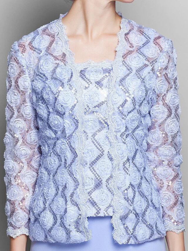 Wholesale Mother of the Bride Dress Wrap Included Straps Tea Length Chiffon Lace Long Sleeve with Lace