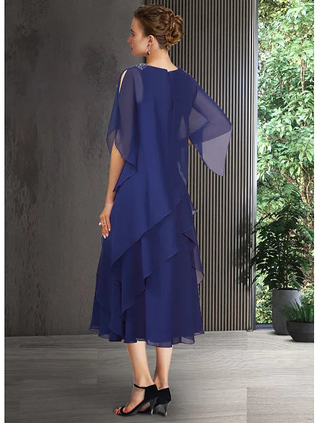 Wholesale A-Line Blue Mother of the Bride Dress Elegant Jewel Neck Tea Length Chiffon Half Sleeve with Cascading Ruffles