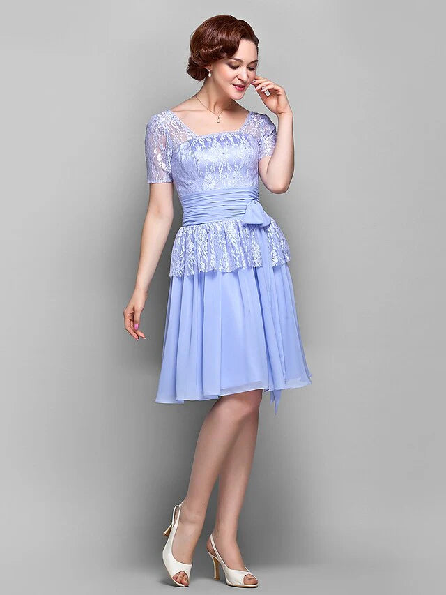 Wholesale A-Line Mother of the Bride Dress Square Neck Knee Length Chiffon Lace Short Sleeve with Lace Bow(s) Ruched