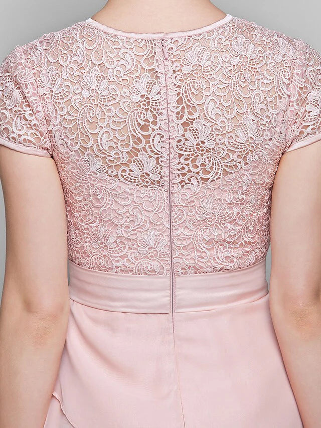 Wholesale Mother of the Bride Dress Jewel Neck Floor Length Chiffon Lace Short Sleeve with Lace Ruffles