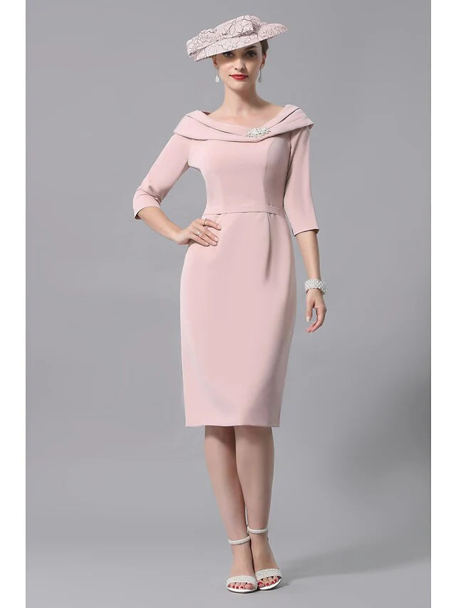 Wholesale Mother of the Bride Dress Plus Size Elegant Vintage Scoop Neck Knee Length Jersey 3/4 Length Sleeve with Beading Crystal Brooch