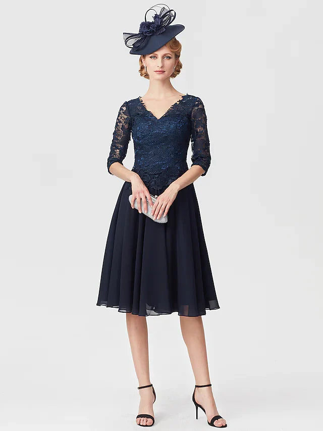 Wholesale Mother of the Bride Dress Elegant V Neck Knee Length Chiffon Sheer Lace Half Sleeve with Lace