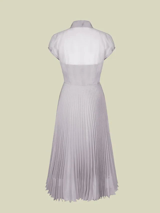 Wholesale A-Line Mother of the Bride Dress Elegant Jewel Neck Tea Length Organza Short Sleeve with Bow(s) Pleats