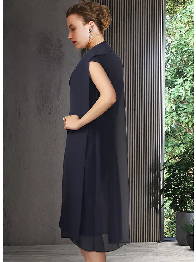 Wholesale Mother of the Bride Dress Elegant V Neck Knee Length Chiffon Short Sleeve with Sash Ribbon