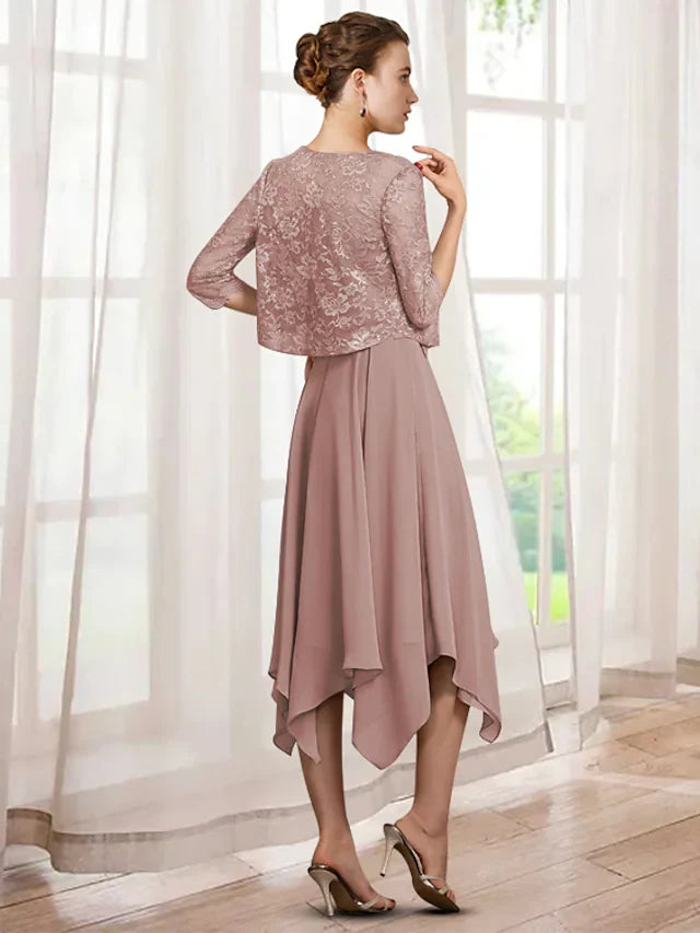 Wholesale Two Piece A-Line Mother of the Bride Dress Elegant Jewel Neck Tea Length Chiffon Lace Half Sleeve with Sash Ribbon