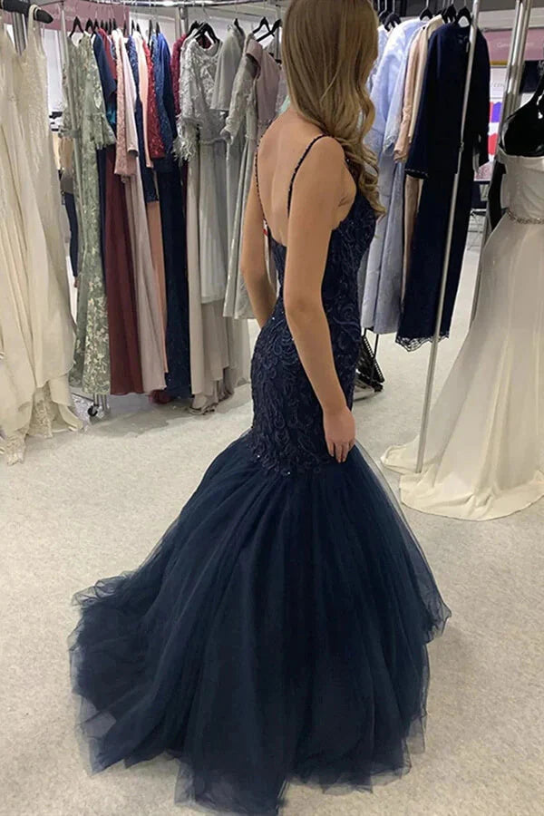 Wholesale Dark Navy Mermaid Spaghetti Straps Lace Tulle Prom Dresses