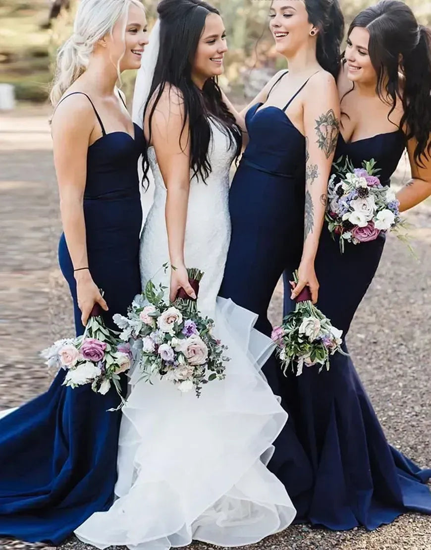 Wholesale Navy Blue Mermaid Spaghetti Straps Long Bridesmaid Dress Bridesmaid dress shop