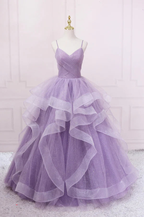 Wholesale Purple V-Neck Tulle Long Prom Dress Spaghetti Straps A-Line Evening Dress