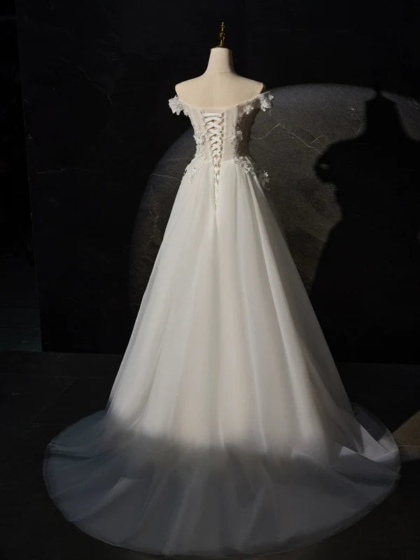 Wholesale White A-line Off the Shoulder Flowers and Tulle Formal Dress Beautiful Long Evening Party Dress