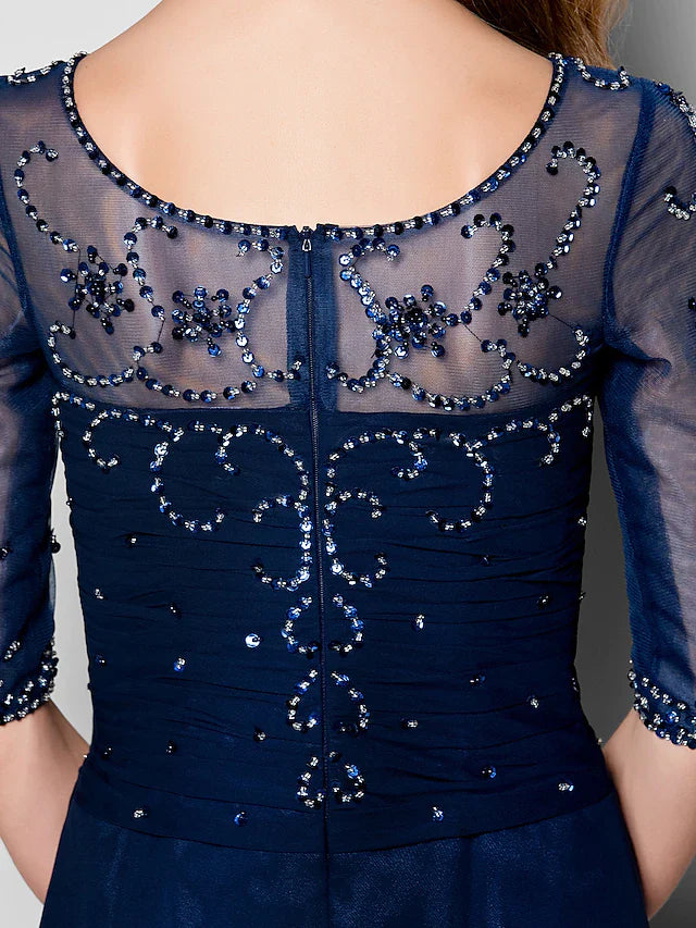 Wholesale A-Line Mother of the Bride Dress See Through Jewel Neck Chiffon Tulle Half Sleeve with Ruched Crystals Beading