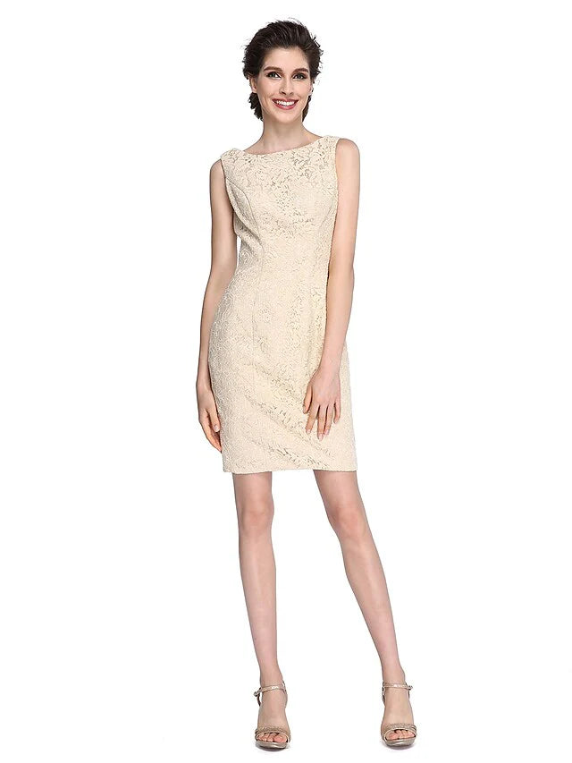 Wholesale Mother of the Bride Dress Elegant Bateau Neck Knee Length Lace Satin Half Sleeve with Lace Appliques