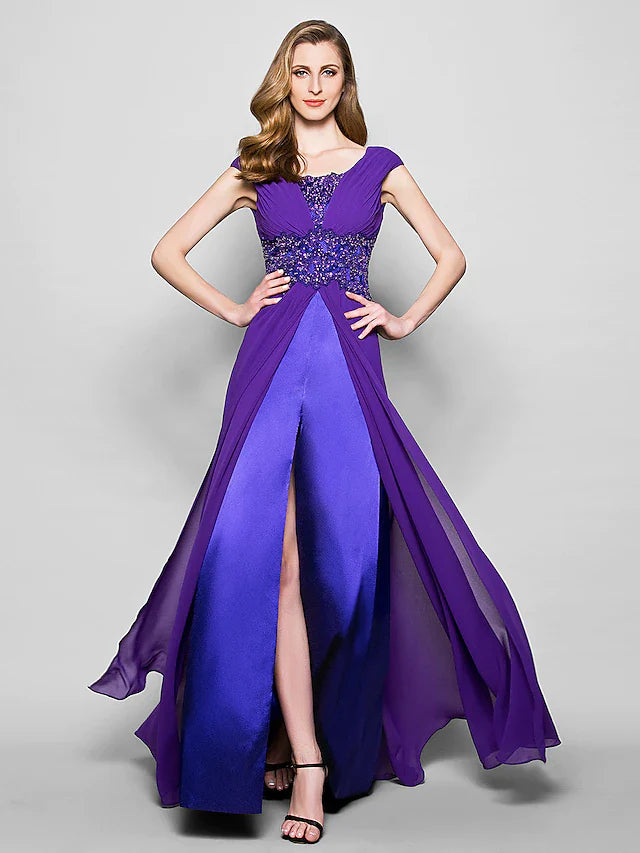 Wholesale A-Line Mother of the Bride Dress Furcal Scoop Neck Satin Georgette Sleeveless with Crystals Beading Appliques