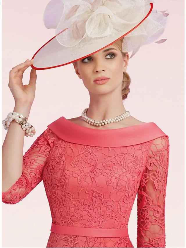 Wholesale Mother of the Bride Dress Plus Size Bateau Neck Knee Length Lace Satin Half Sleeve with Sash Ribbon Bow(s) Split Front